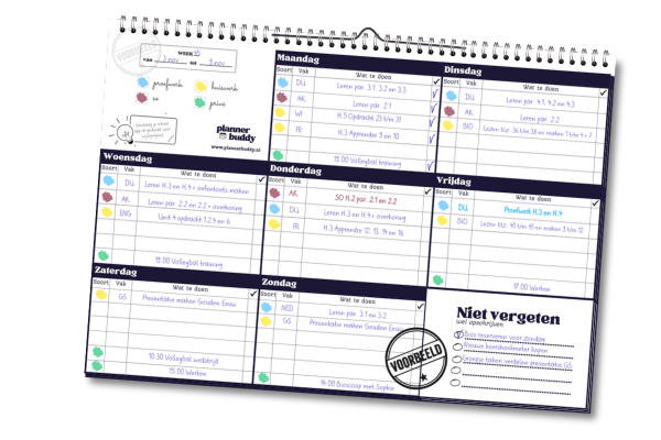 Plannerbuddy studieplanner plannerbuddy Huiswerkplanner en studieplanner voor pubers en tieners op de middelbare school.